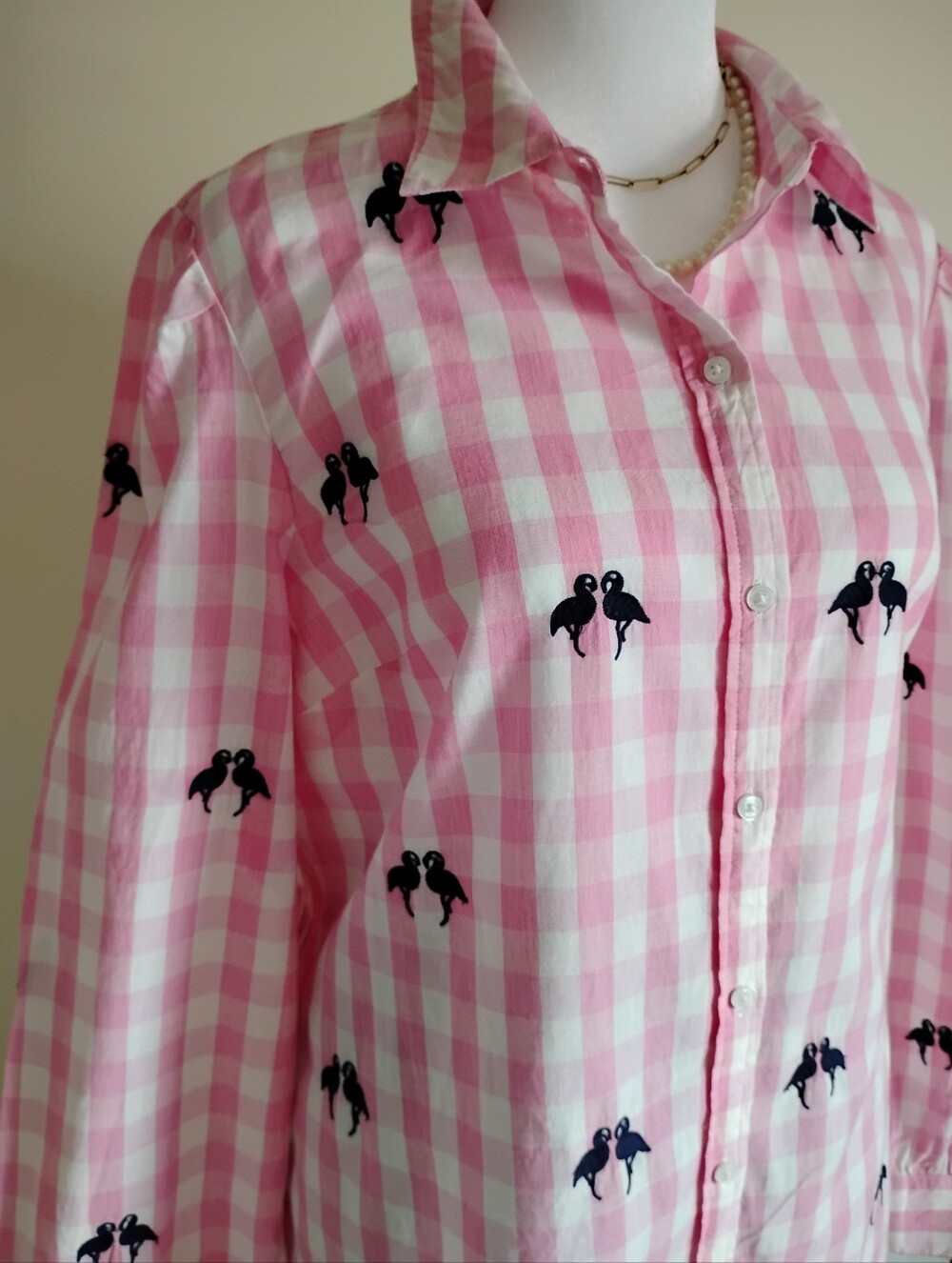 Crown & Ivy Cotton Gingham Button Up Tunic Navy Blue Pink Flamingo Colorful Sz S